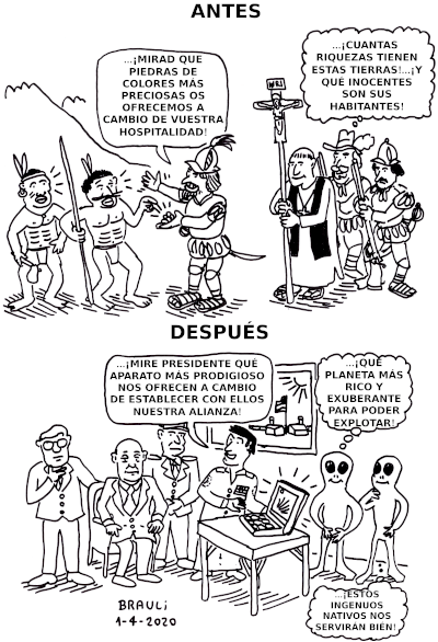 Colonizadores: Antes y después. Dibujo: Brauli. Colonizadores: Antes y después. Dibujo: Brauli.