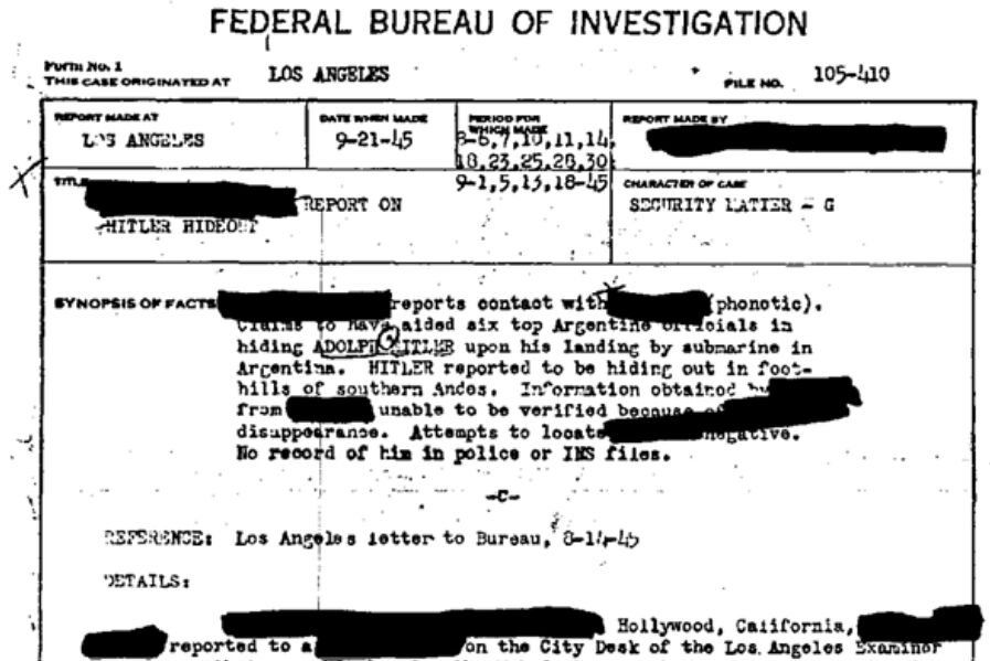 Document del FBI del 21 de setembre del 1945 informant que Adolf Hitler i Eva Braun estaven en els contraforts del Sud dels Andes. Document del FBI del 21 de setembre del 1945 informant que Adolf Hitler i Eva Braun estaven en els contraforts del Sud dels Andes.