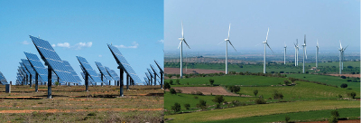 Links: Sonnenkollektoren auf dem Plateau von Kastilien. Rechts: Windpark in der Gemeinde El Bonillo (Albacete). Links: Sonnenkollektoren auf dem Plateau von Kastilien. Rechts: Windpark in der Gemeinde El Bonillo (Albacete).
